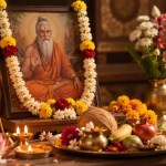 গুরু পূর্ণিমায় গুরুর পূজা, প্রদীপ, ফুল, ধূপ ও পূজার উপকরণ দিয়ে গুরু বন্দনার প্রতীকী চিত্র।