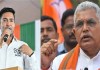 ইকোপার্কে সাংবাদিকদের মুখোমুখি হয়ে অভিষেক বন্দ্যোপাধ্যায় ইস্যুতে বক্তব্য রাখছেন দিলীপ ঘোষ