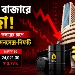 বিএসই ভবনের সামনে নিম্নমুখী স্টক মার্কেট গ্রাফ, তেলের ব্যারেল ও রুপির প্রতীক দিয়ে ভারতীয় শেয়ার বাজারে পতনের চিত্র