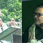 ২১ জুলাইয়ের সভামঞ্চে বক্তব্য রাখছেন মদন মিত্র, পাশে অভিষেক বন্দ্যোপাধ্যায়