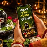 একজন ভক্ত স্মার্টফোনে শ্রাবণের তৃতীয় সোমবারের শুভেচ্ছা বার্তা দেখছেন, পাশে দুধ অভিষেক করা শিবলিঙ্গ ও প্রদীপ